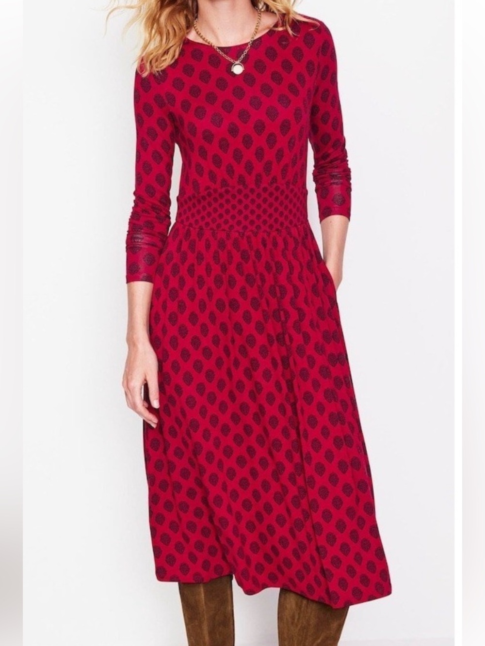 Boden Thea Red Long Sleeve Midi Dress with Black Leaf Print